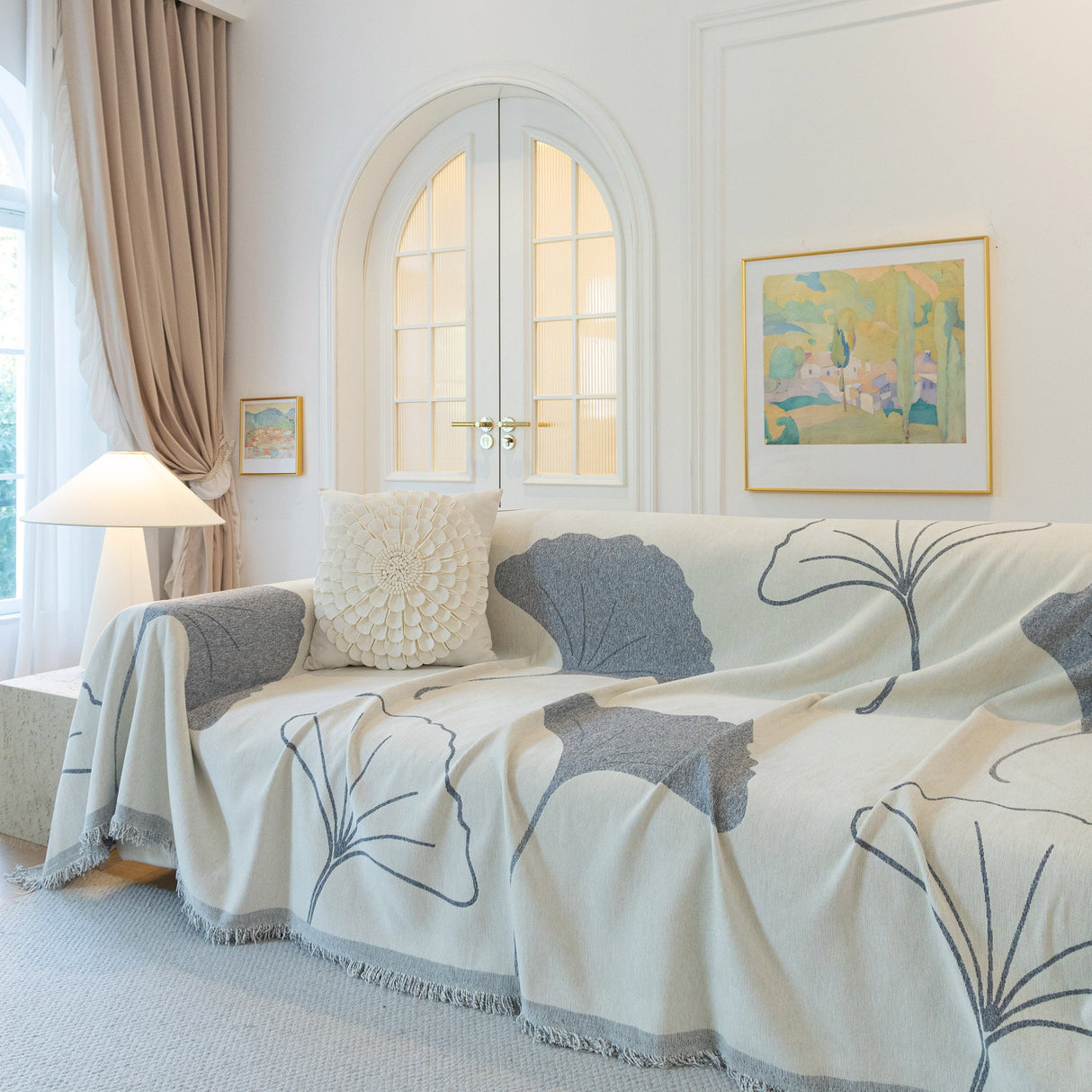 Cozy Couch Throw Blanket with Tassels, Jacquard Leaf Pattern Furniture Protector