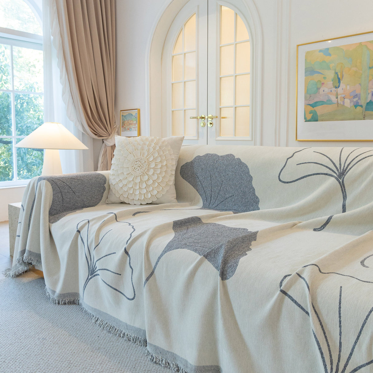 Cozy Couch Throw Blanket with Tassels, Jacquard Leaf Pattern Furniture Protector