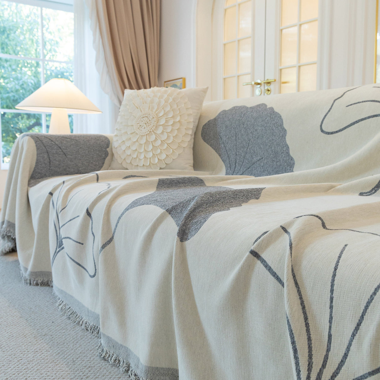 Cozy Couch Throw Blanket with Tassels, Jacquard Leaf Pattern Furniture Protector