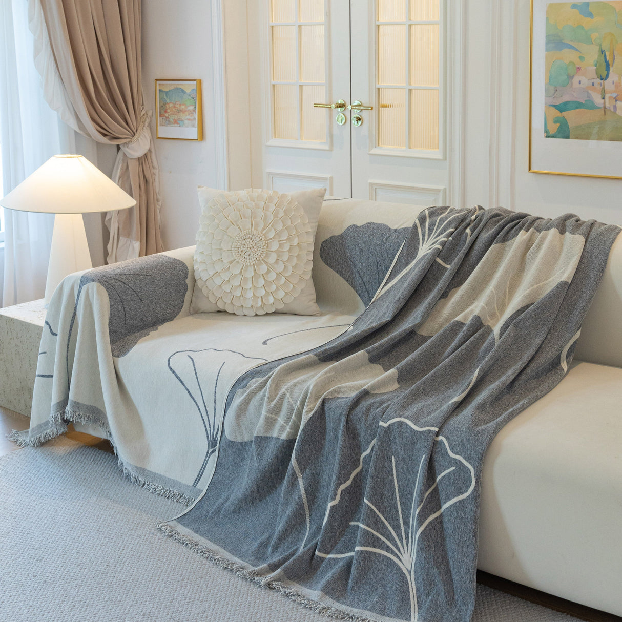 Cozy Couch Throw Blanket with Tassels, Jacquard Leaf Pattern Furniture Protector