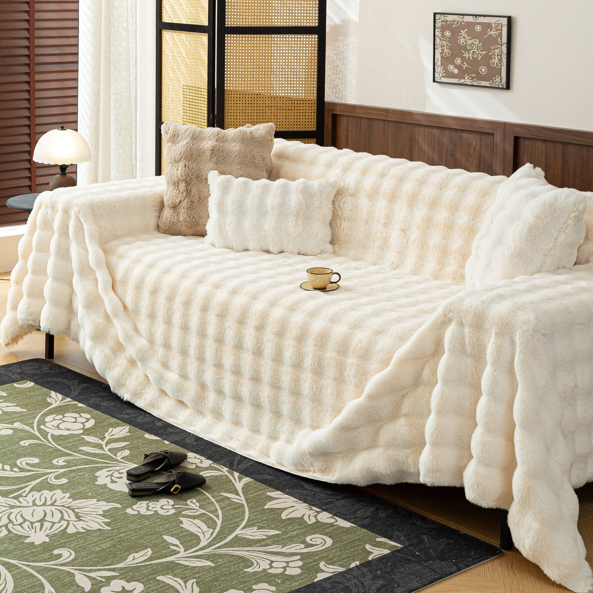 Thick Faux Fur Sofa Cover Fluffy Plush Warm Sofa Slipcover Furniture Protector for Couch Bed