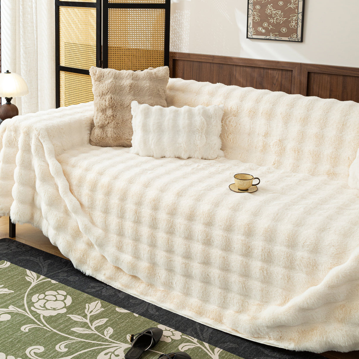 Thick Faux Fur Sofa Cover Fluffy Plush Warm Sofa Slipcover Furniture Protector for Couch Bed