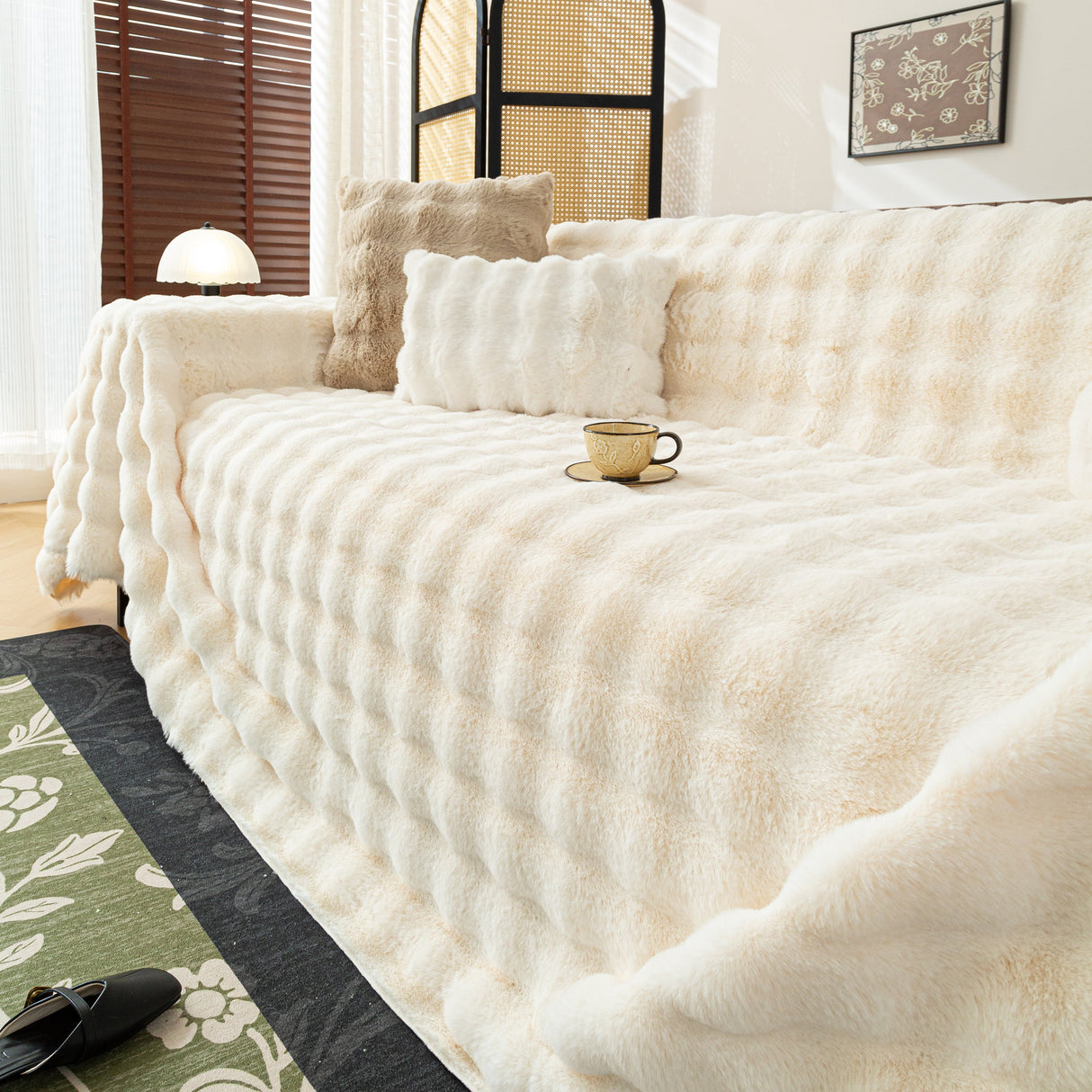 Thick Faux Fur Sofa Cover Fluffy Plush Warm Sofa Slipcover Furniture Protector for Couch Bed