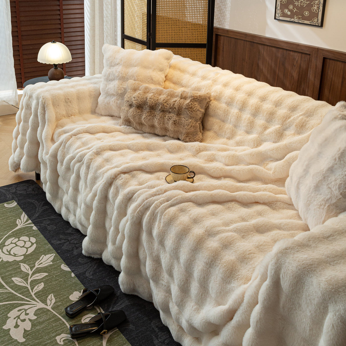 Thick Faux Fur Sofa Cover Fluffy Plush Warm Sofa Slipcover Furniture Protector for Couch Bed