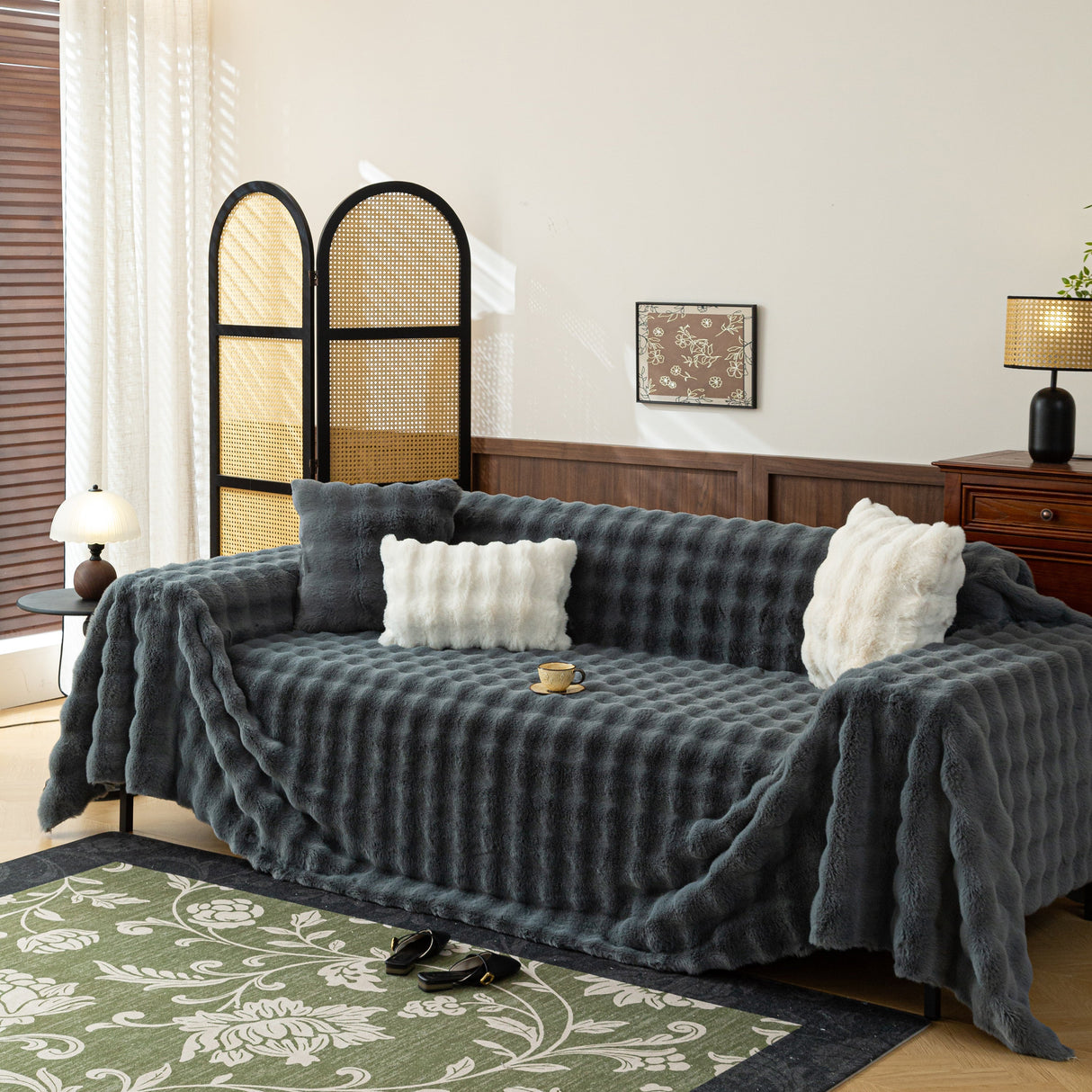 Thick Faux Fur Sofa Cover Fluffy Plush Warm Sofa Slipcover Furniture Protector for Couch Bed