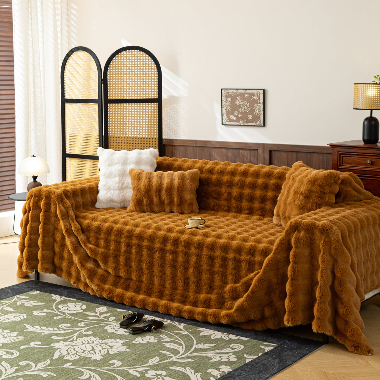 Thick Faux Fur Sofa Cover Fluffy Plush Warm Sofa Slipcover Furniture Protector for Couch Bed