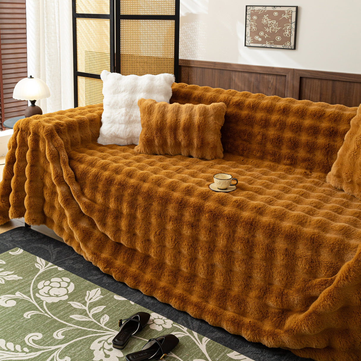 Thick Faux Fur Sofa Cover Fluffy Plush Warm Sofa Slipcover Furniture Protector for Couch Bed