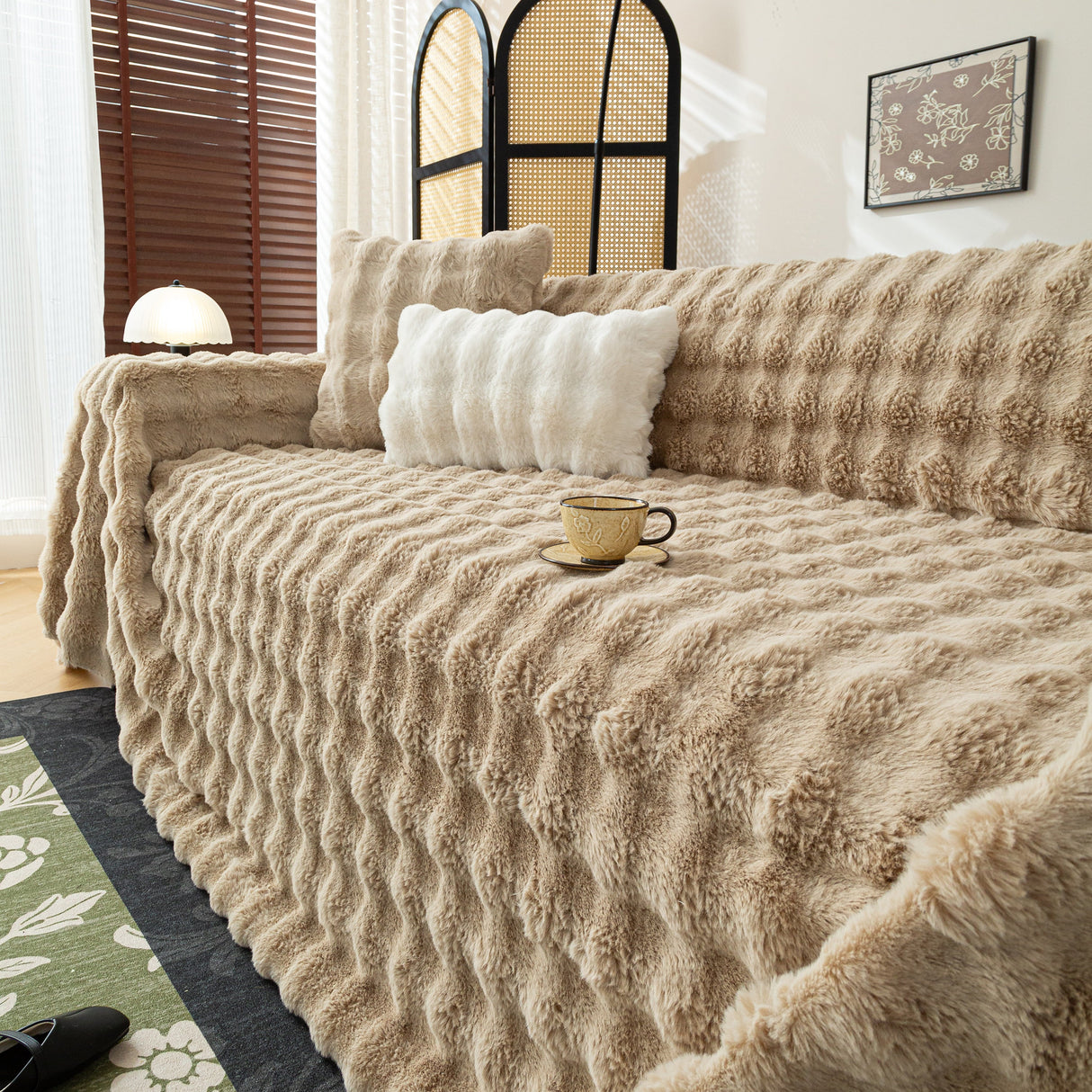 Thick Faux Fur Sofa Cover Fluffy Plush Warm Sofa Slipcover Furniture Protector for Couch Bed