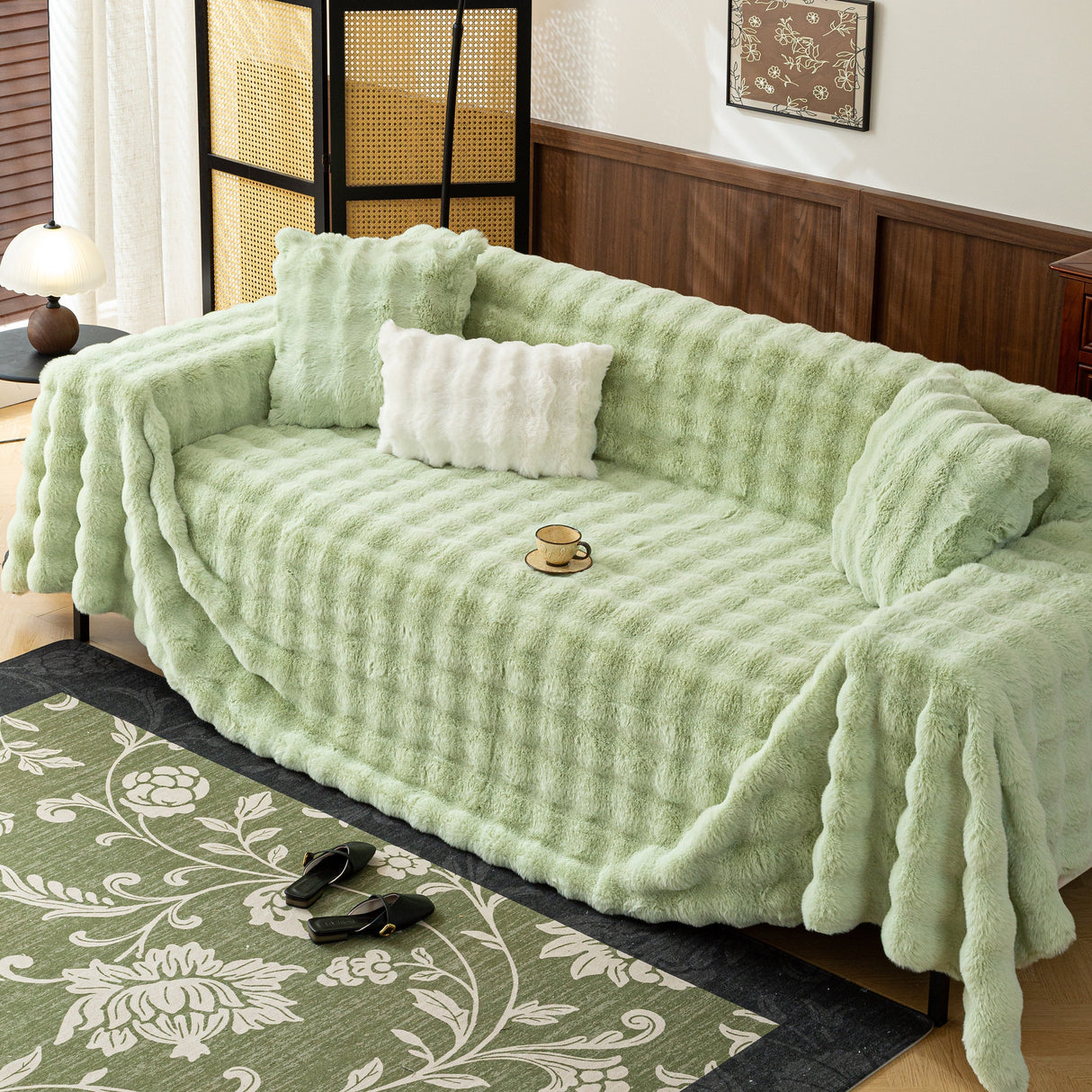 Thick Faux Fur Sofa Cover Fluffy Plush Warm Sofa Slipcover Furniture Protector for Couch Bed