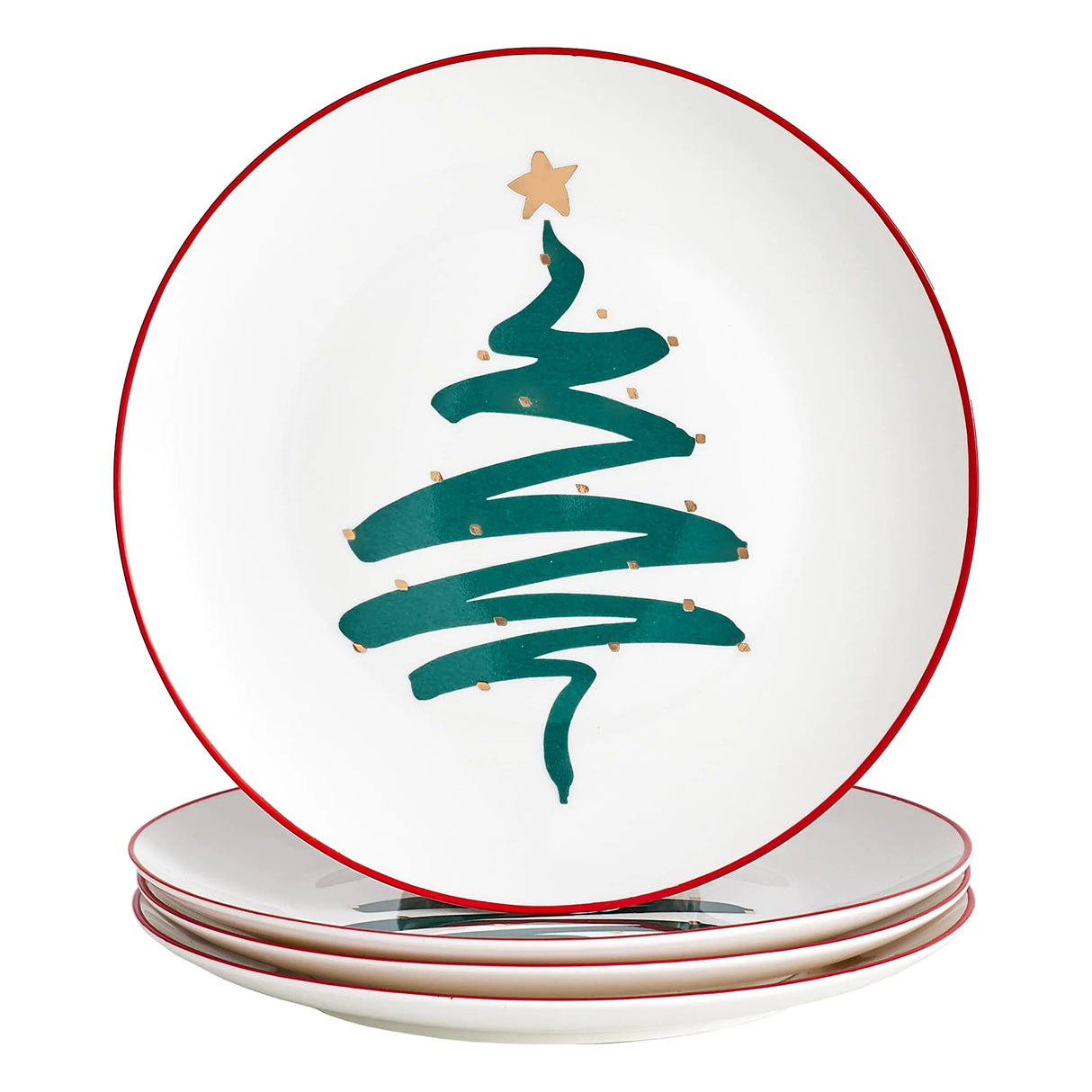Swuut Christmas Holiday Bone China Dinner Plates - Dessert Plates - Salad Plates Set of 4Dishwasher Safe (Tree 10 inch)