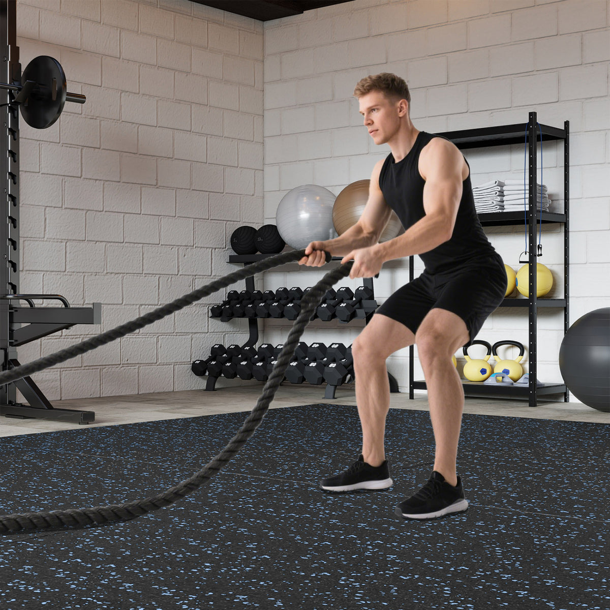 0.79 inch Thick Rubber Top Exercise Mat 48 Sq Ft with Boarders-Black & Blue