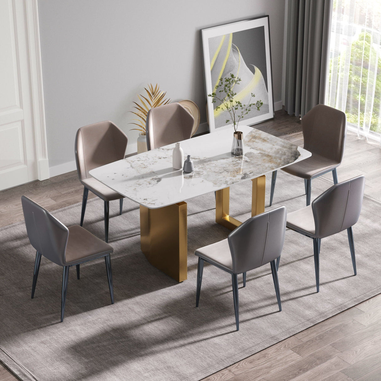 63" Artificial Stone Pandora White Curved Golden Metal Leg Dining Table, 6 People - Antique White / Gold by Couch.com