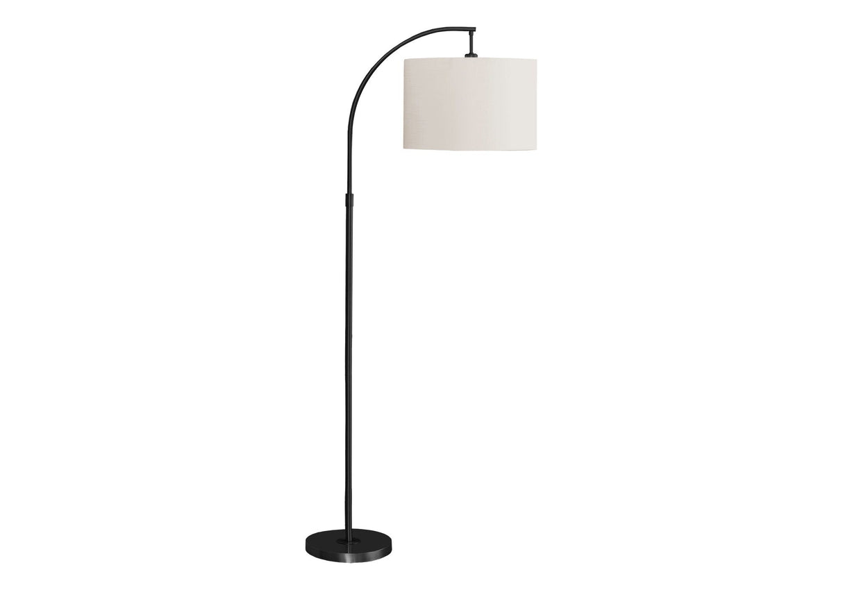 The Contemporary Design Floor Lamp Lighting is a tall, black metal lamp with an arched design, featuring a round base and a cylindrical off-white lampshade suspended from the top.