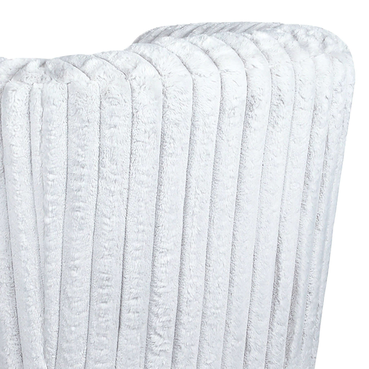 A close-up of the Mira—Modern Comfort Swivel Chair showcases its plush, light gray, vertically ribbed fabric with a soft, velvety texture. The folded design forms gentle curves and shadows, highlighting its cozy and luxurious appearance.