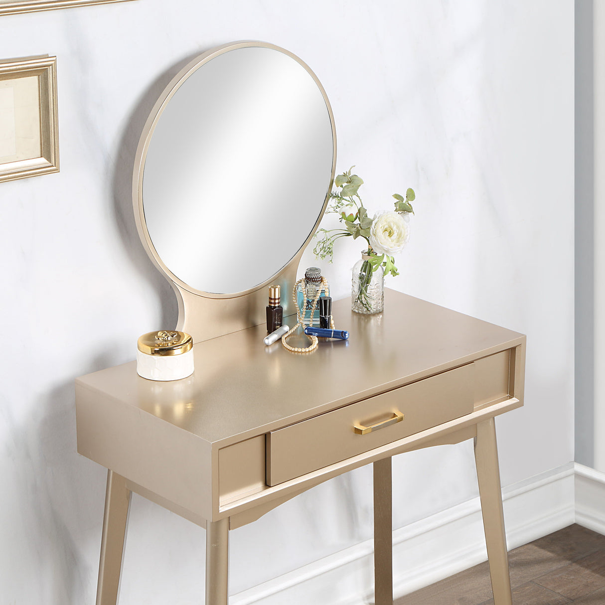 Maly - Contemporary Wood Vanity And Stool Set - Gold by Couch.com