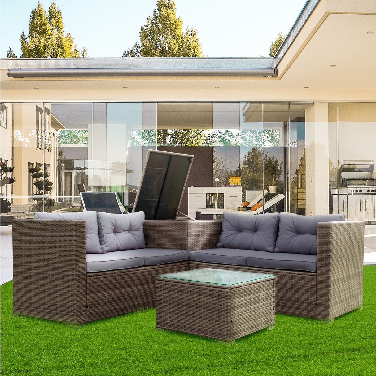 4 Piece Patio Sectional Wicker Rattan Outdoor Furniture Sofa Set With Storage Box - Gray by Couch.com