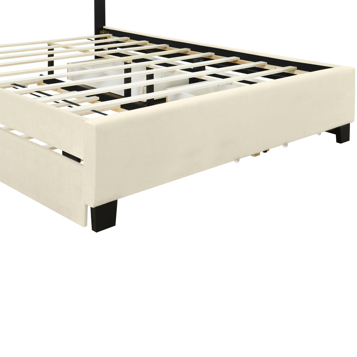 Upholstered Platform Bed With 2 Drawers And 1 Trundle, Classic Strip Headboard Design by Couch.com