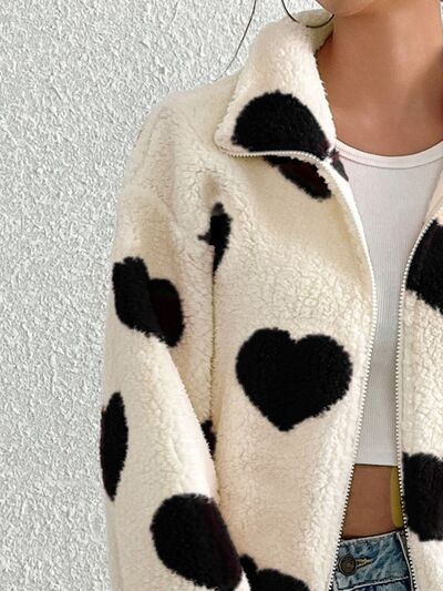 Cute Heart Zip Up Drop Shoulder Furry Jacket Cozy & Trendy Cold-Weather Essential Warm Soft Winter Jacket For Your Girl