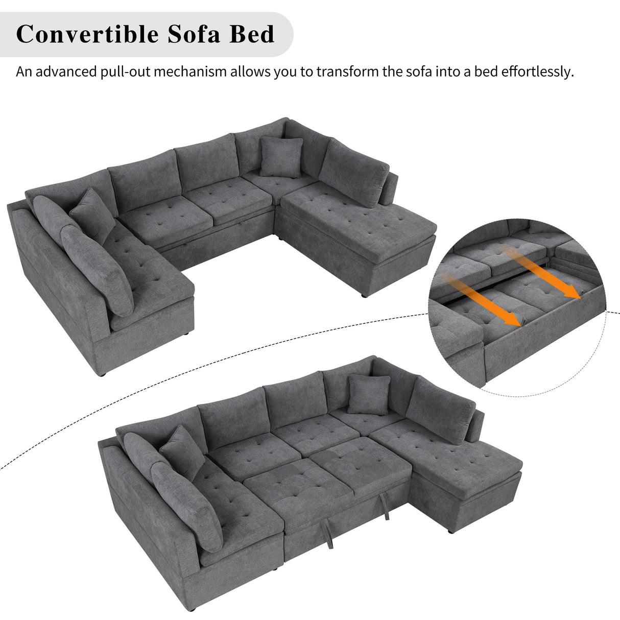 Oversized Sectional Sofa U-Shaped Sofa Couch Pull-Out Sofa Bed With Two Throw Pillows For Living Room by Couch.com