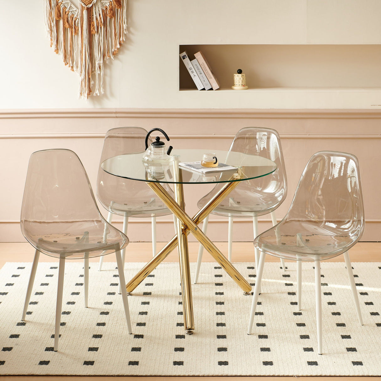 5 Pieces Dining Set, Table Metal Leg Mid-Century Dining Table For 4 - 6 People With Glass Table Top, Pedestal Dining Table, End Table Leisure Coffee Table - Golden by Couch.com