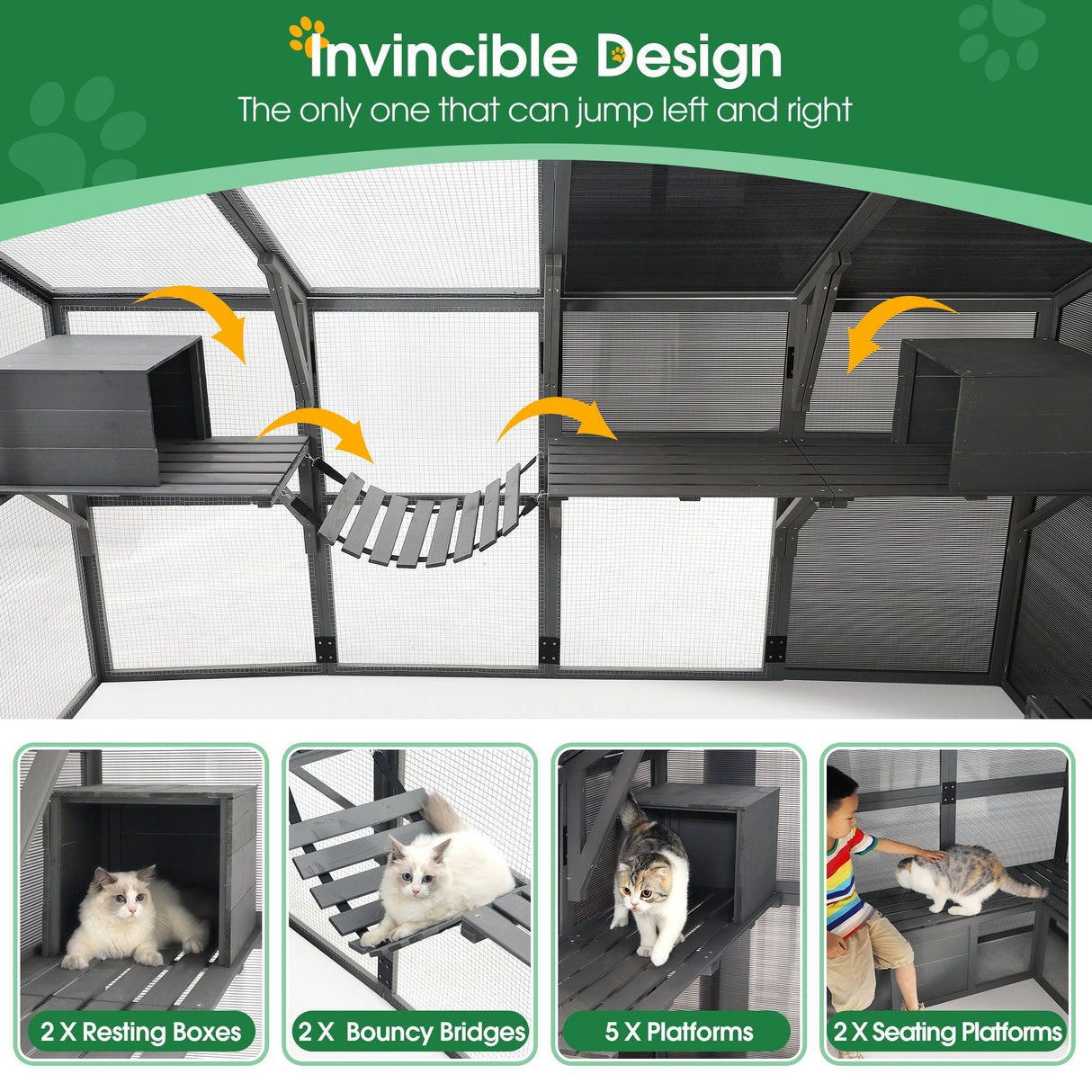 Luxury Cat Cage Outdoor Wooden Catio Enclosure Patio Large Cat Run House For Multiple Pets Walk In Kitten Kennel With Bouncy Bridge, Platforms, Small Houses, Seating And Sunshine Panel - Gray by Couch.com