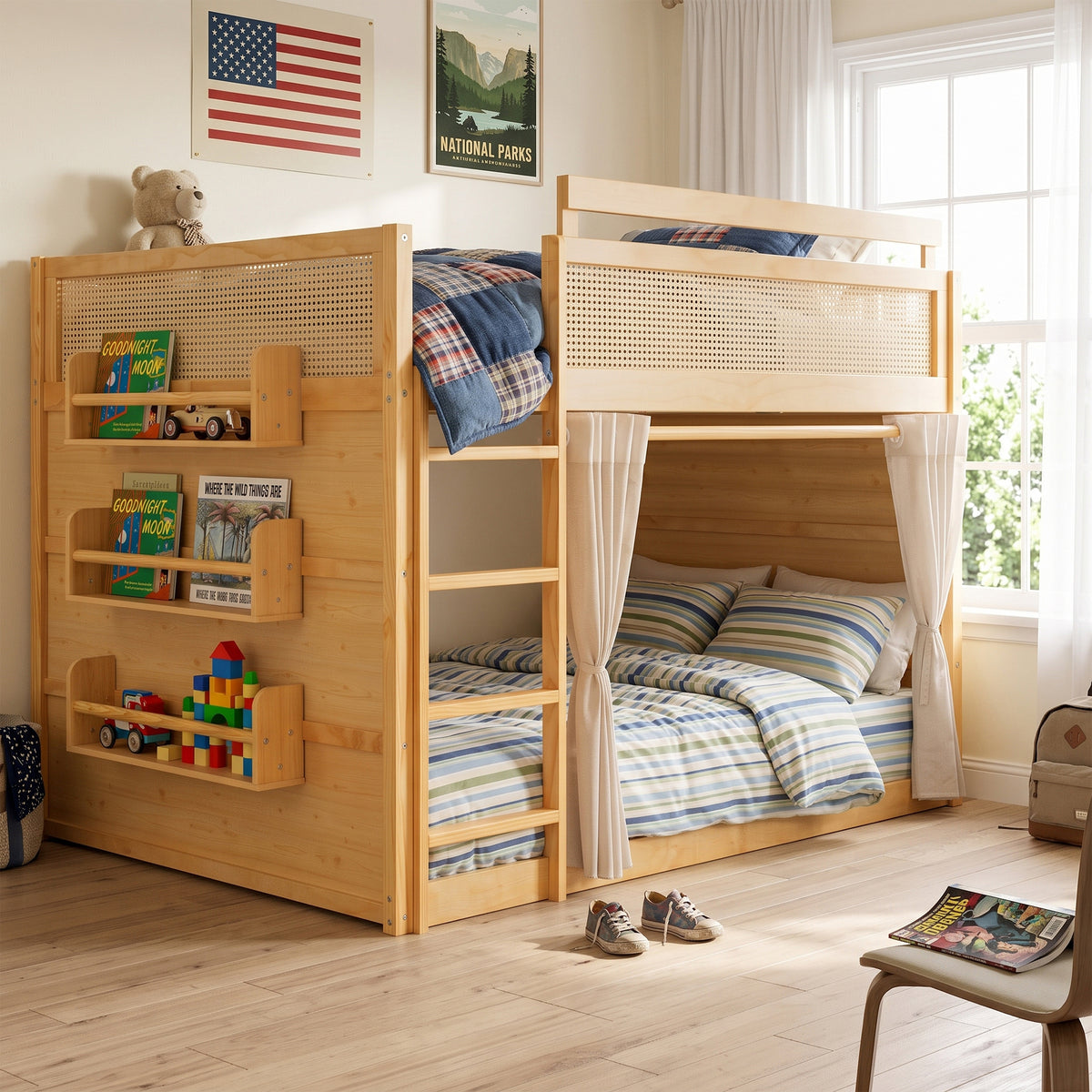 Full Size Bunk Bed with 3-Tier Storage Shelf, Rattan Decor, Privacy Curtains & Lights, Modern Wood Bunk Bed Frame-Natural