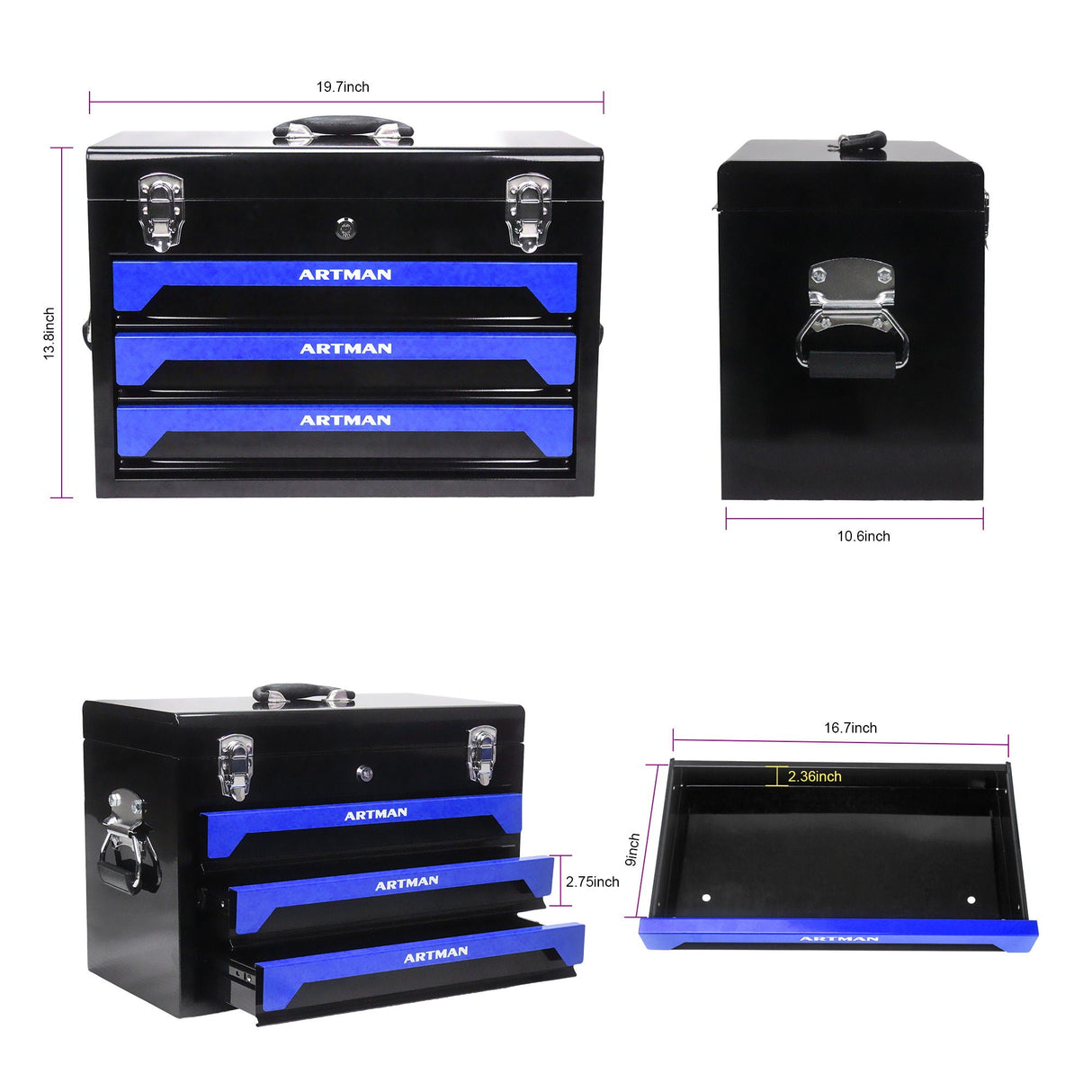 Portable 3 Drawer Steel Toolbox, 4 Layers Of Tools With Metal Latches, With Storage Tray And Carrying Handle by Couch.com
