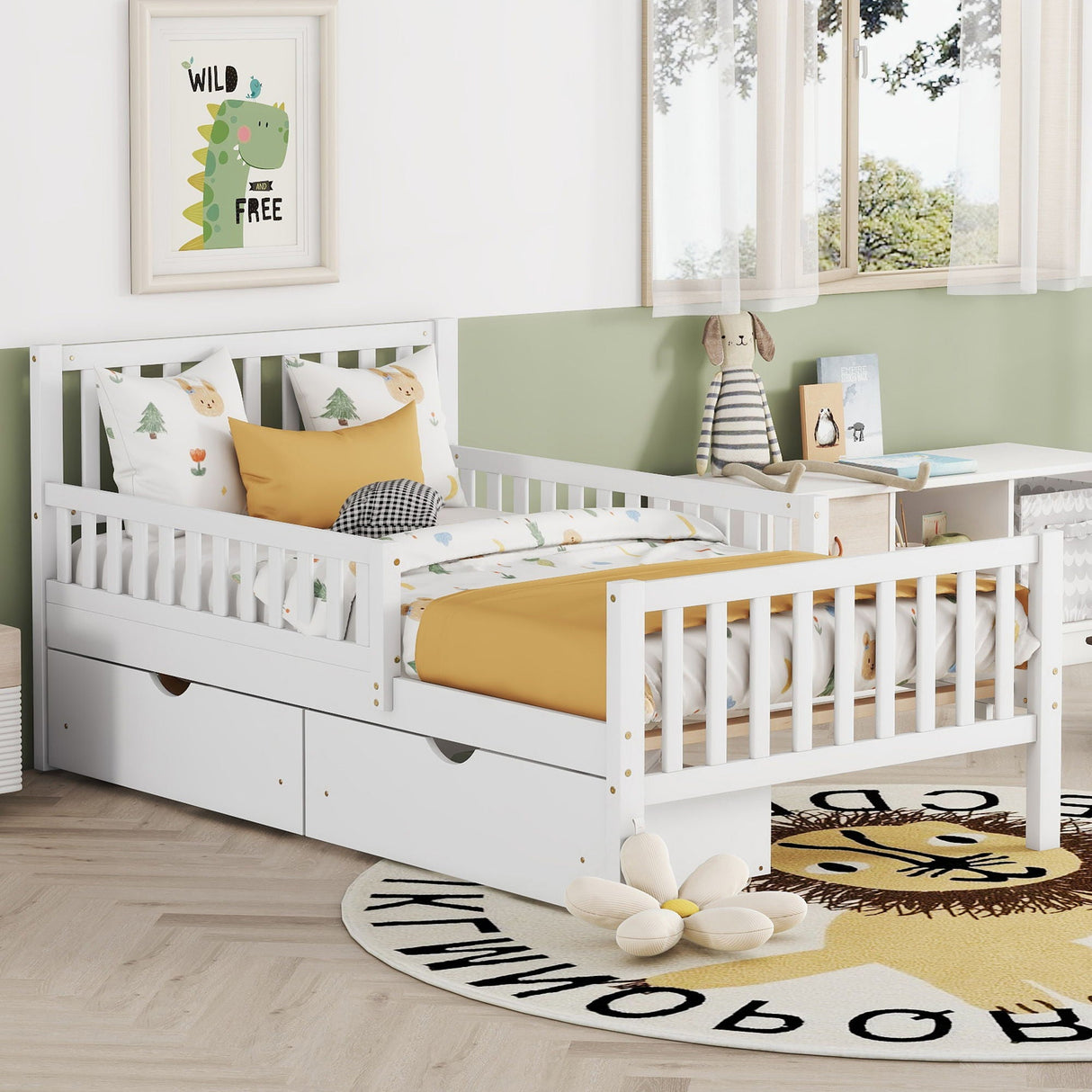 A children's bedroom showcasing a Platform Bed with guardrails and storage drawers, adorned with a yellow duvet. Décor includes a round animal-themed rug, plush toys, and a framed "Wild and Free" dinosaur print. Natural light filters through sheer curtains.