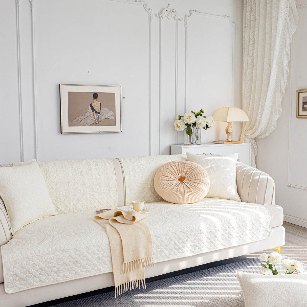 Cotton Quilted Sofa Cover, Non-Slip Couch Protector Fits Backrest, Seat & Armrest