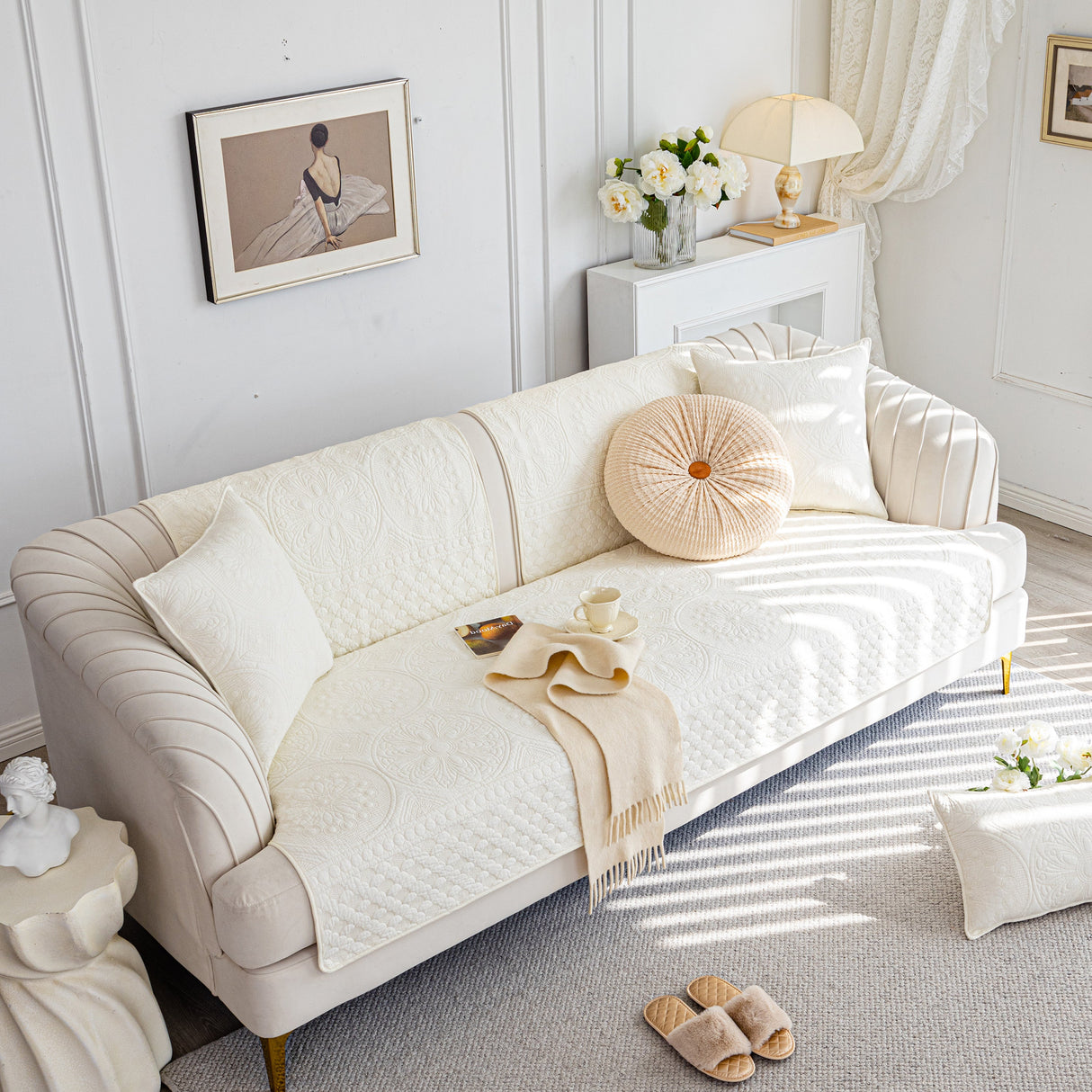 Cotton Quilted Sofa Cover, Non-Slip Couch Protector Fits Backrest, Seat & Armrest