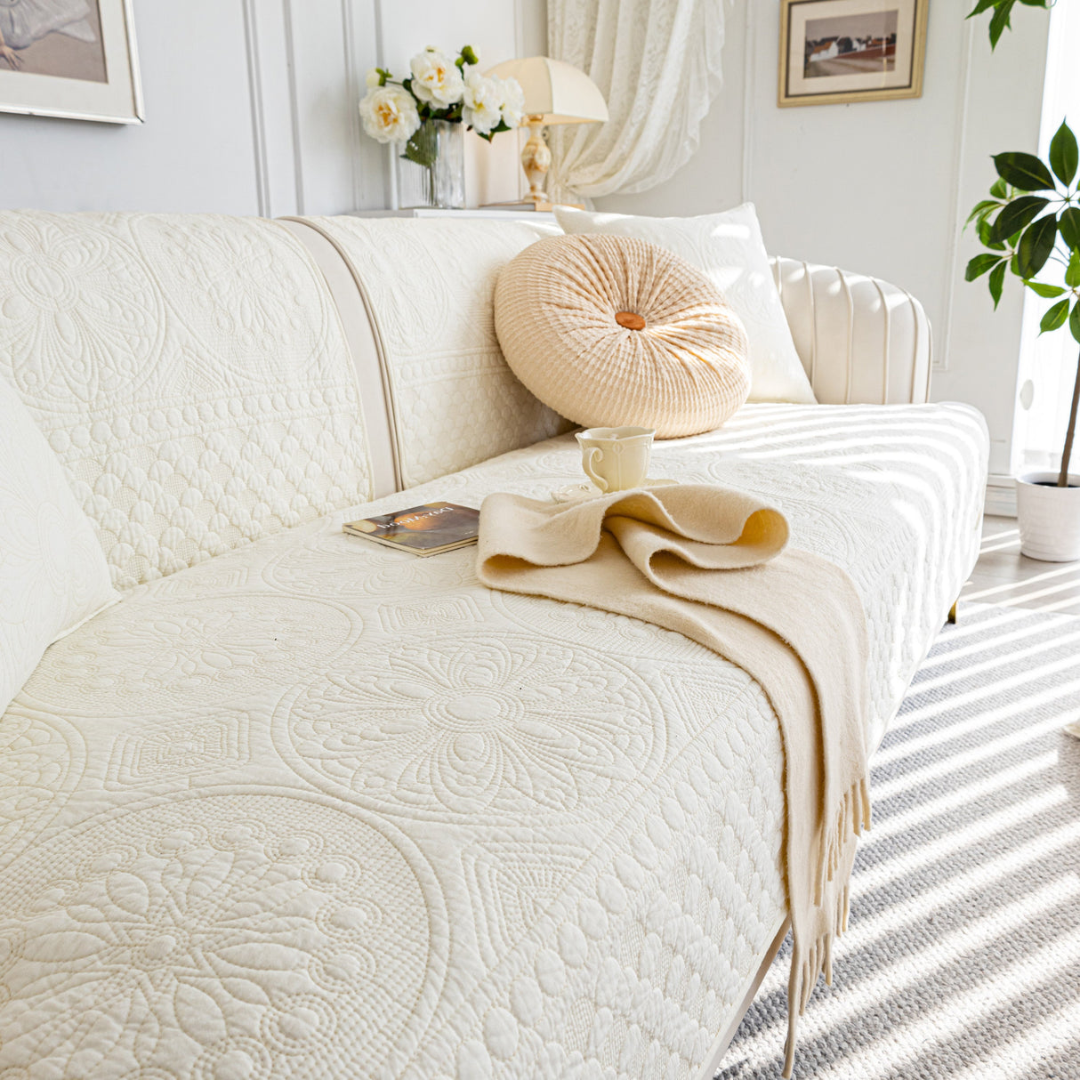 Cotton Quilted Sofa Cover, Non-Slip Couch Protector Fits Backrest, Seat & Armrest