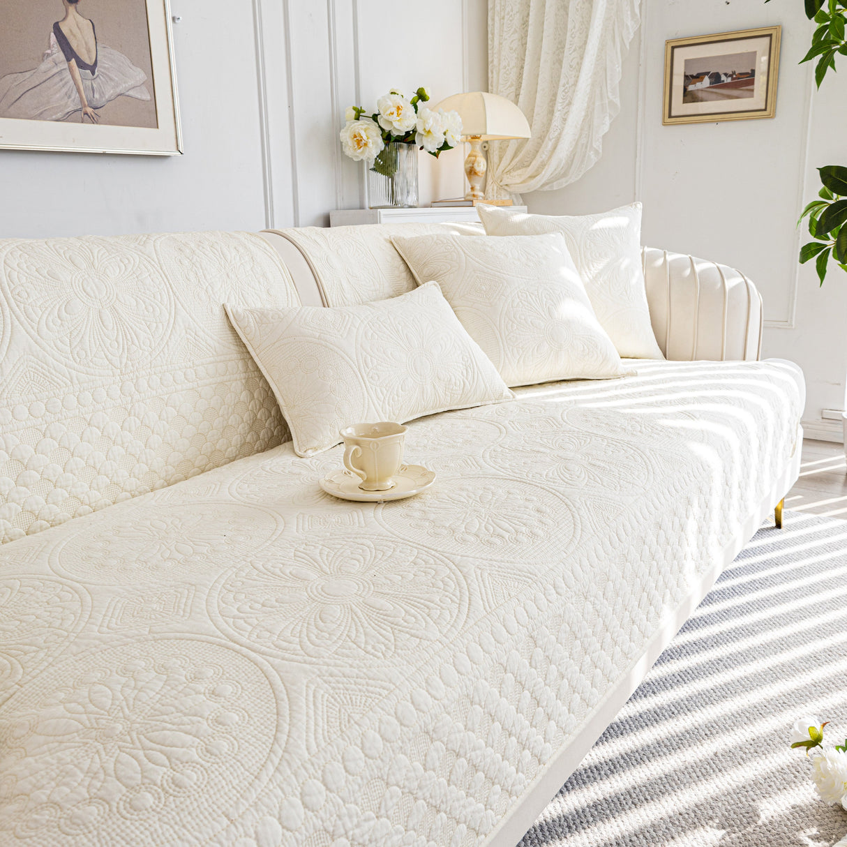 Cotton Quilted Sofa Cover, Non-Slip Couch Protector Fits Backrest, Seat & Armrest