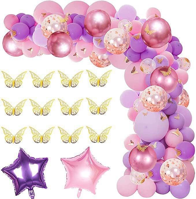 1 Set Pink Purple Chrome Rose Gold Balloon Garland With Butterfly Stickers Arch Kit For Birthday Wedding Party Decorations