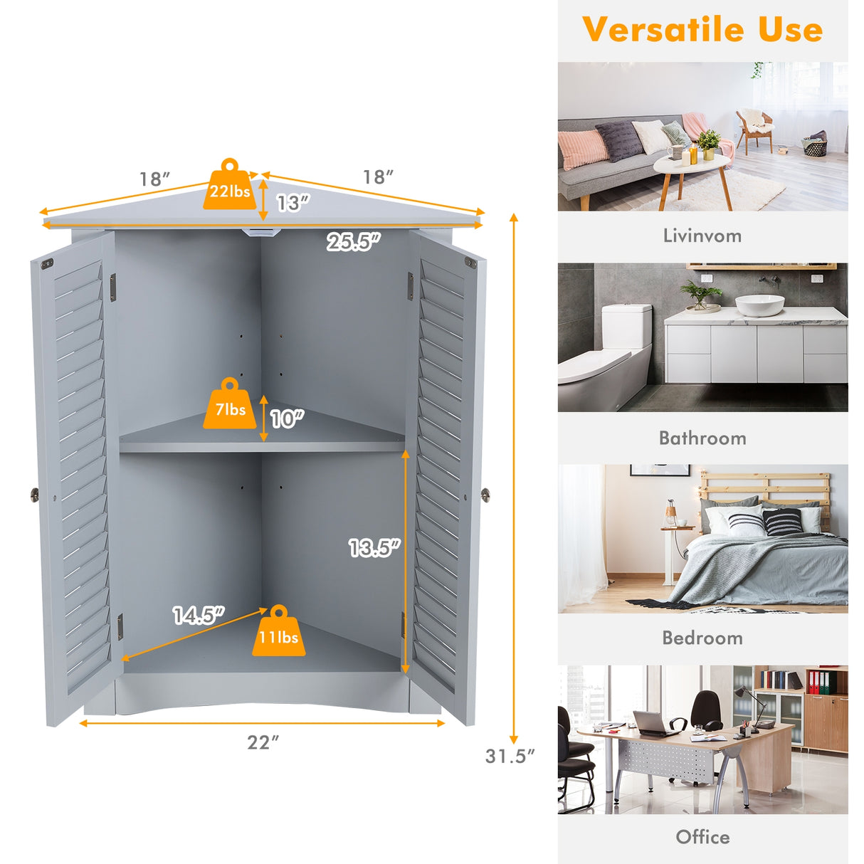 Adjustable Corner Storage Cabinet with Shutter Doors-White