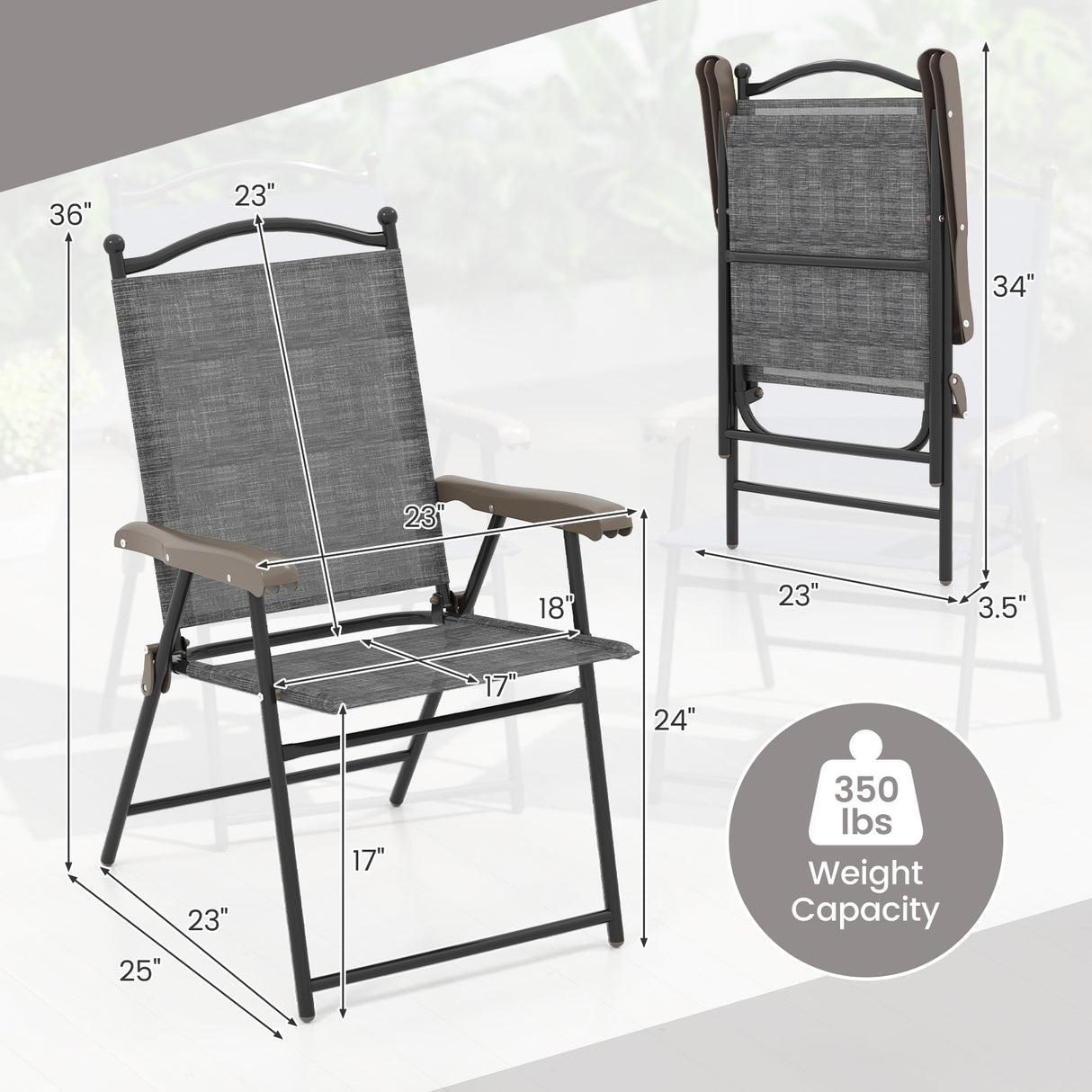Set of 2 Patio Folding Sling Back Camping Deck Chairs-Black