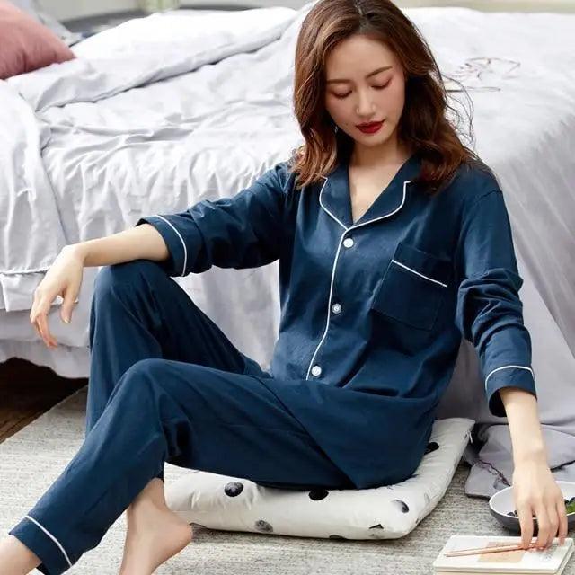 100% Cotton New Trendy Pajamas For Women Full Sleeves Pajamas Button Down Winter Sleepwear Set Women White Cotton Pajamas Women's Loose Size V-neck Home Suit Long Sleeve Wide Leg Pants Pajamas Casual Home wear