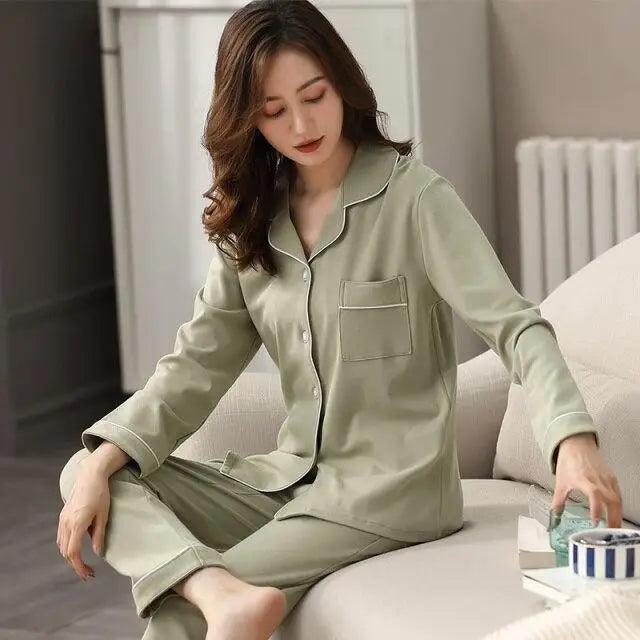 100% Cotton New Trendy Pajamas For Women Full Sleeves Pajamas Button Down Winter Sleepwear Set Women White Cotton Pajamas Women's Loose Size V-neck Home Suit Long Sleeve Wide Leg Pants Pajamas Casual Home wear
