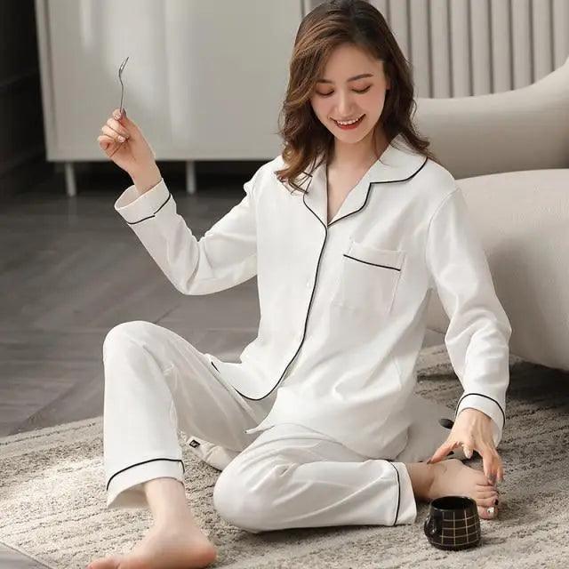 100% Cotton New Trendy Pajamas For Women Full Sleeves Pajamas Button Down Winter Sleepwear Set Women White Cotton Pajamas Women's Loose Size V-neck Home Suit Long Sleeve Wide Leg Pants Pajamas Casual Home wear