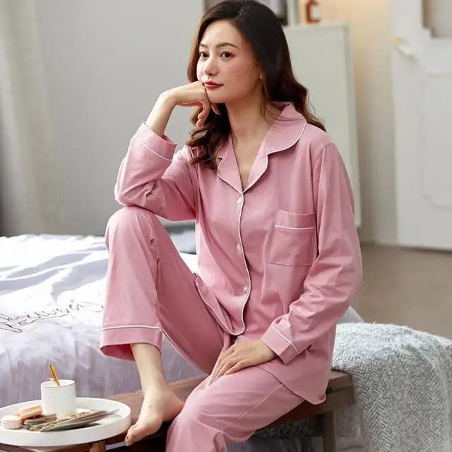 100% Cotton New Trendy Pajamas For Women Full Sleeves Pajamas Button Down Winter Sleepwear Set Women White Cotton Pajamas Women's Loose Size V-neck Home Suit Long Sleeve Wide Leg Pants Pajamas Casual Home wear