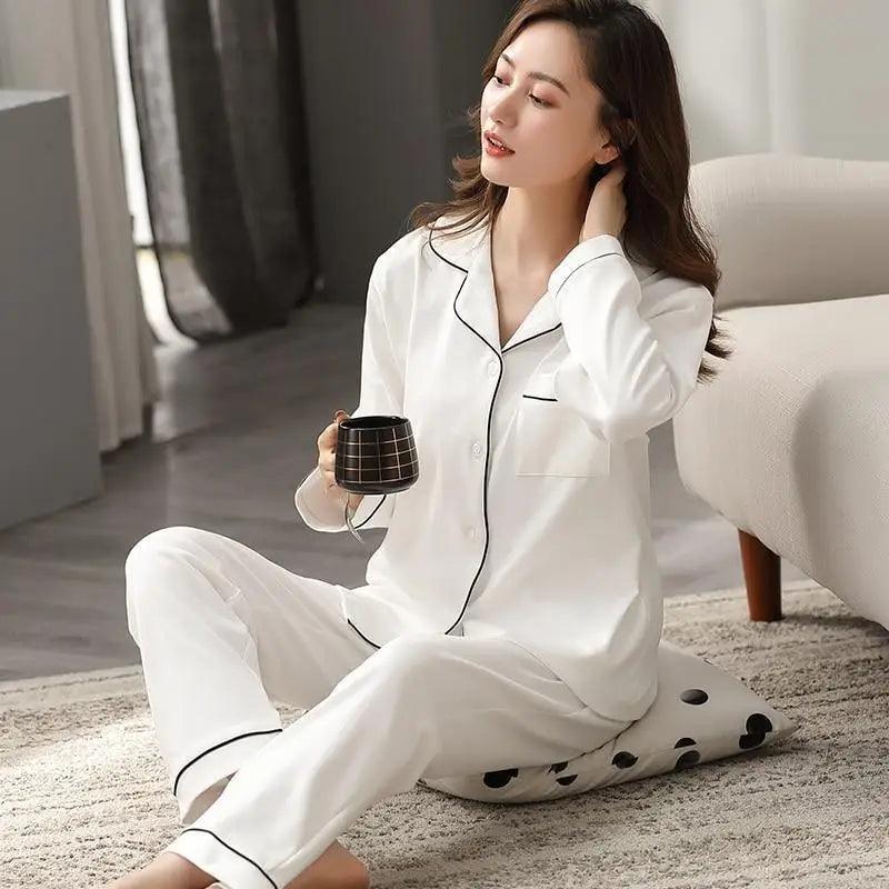 100% Cotton New Trendy Pajamas For Women Full Sleeves Pajamas Button Down Winter Sleepwear Set Women White Cotton Pajamas Women's Loose Size V-neck Home Suit Long Sleeve Wide Leg Pants Pajamas Casual Home wear