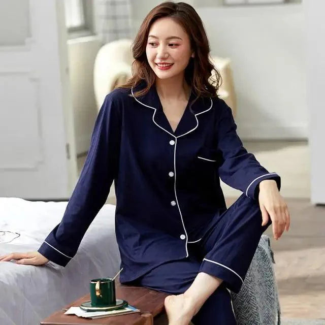 100% Cotton New Trendy Pajamas For Women Full Sleeves Pajamas Button Down Winter Sleepwear Set Women White Cotton Pajamas Women's Loose Size V-neck Home Suit Long Sleeve Wide Leg Pants Pajamas Casual Home wear