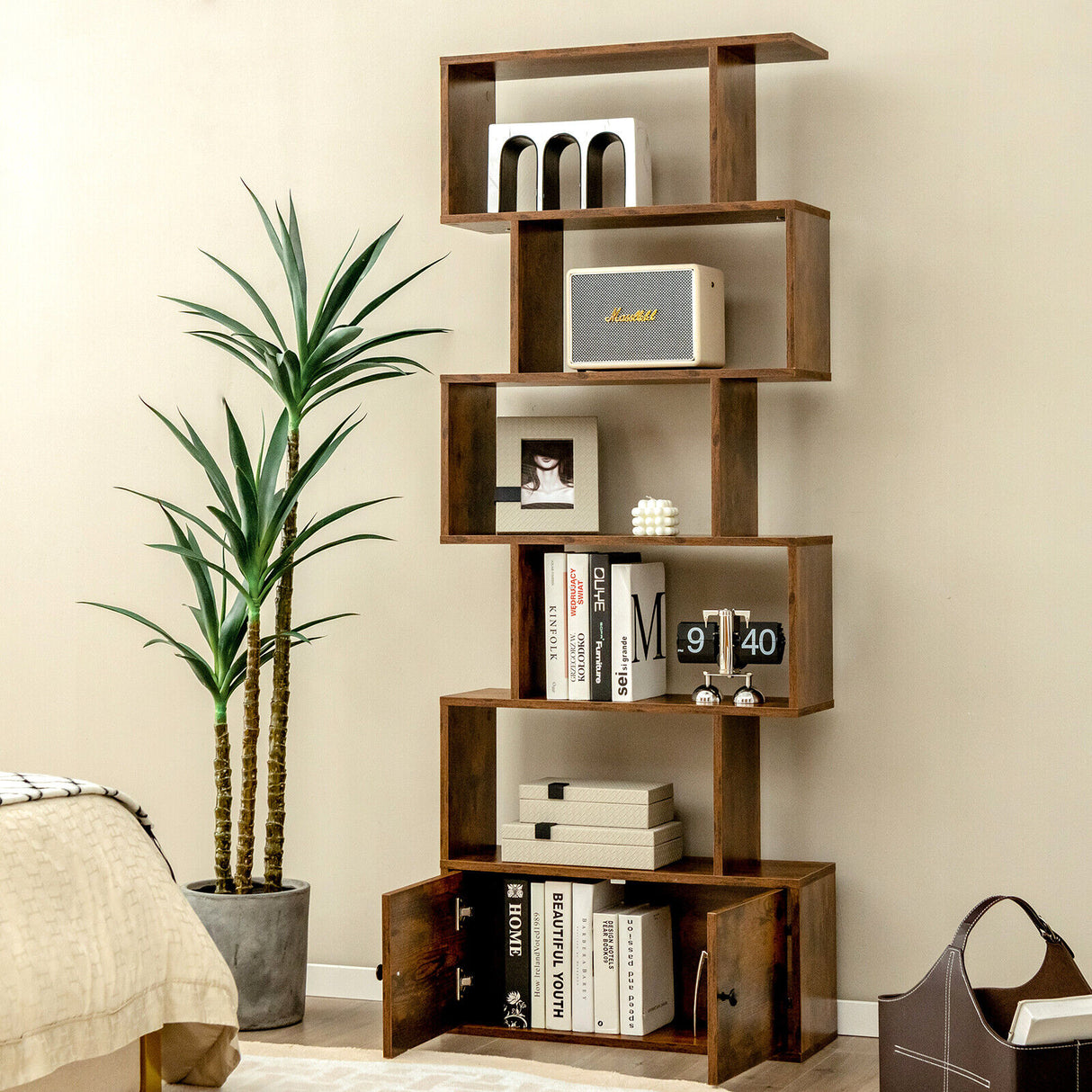 6-Tier S-Shaped Freestanding Bookshelf with Cabinet and Doors-White