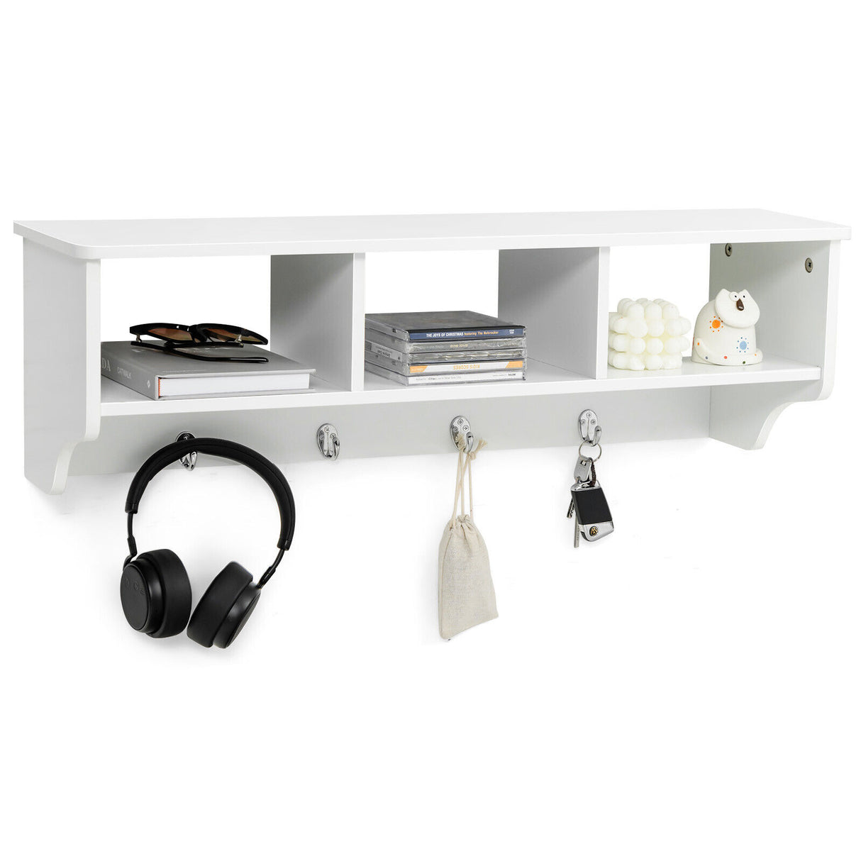 Wall Mount Cubby Organizer Hooks Entryway Storage Shelf-Black