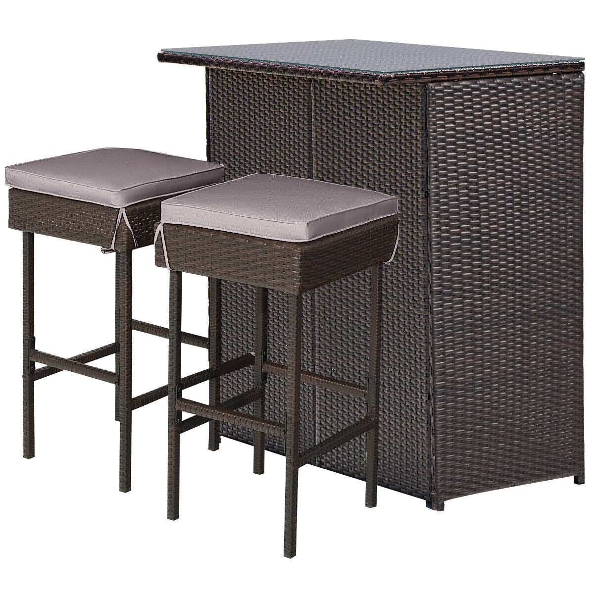 3 Pieces Patio Rattan Wicker Bar Table Stools Dining Set-Gray & Off White by DirectDeals