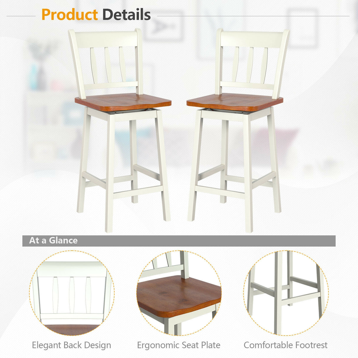 24.5 Inches Set of 2 Swivel Bar Stools with 360 ° Swiveling-Black