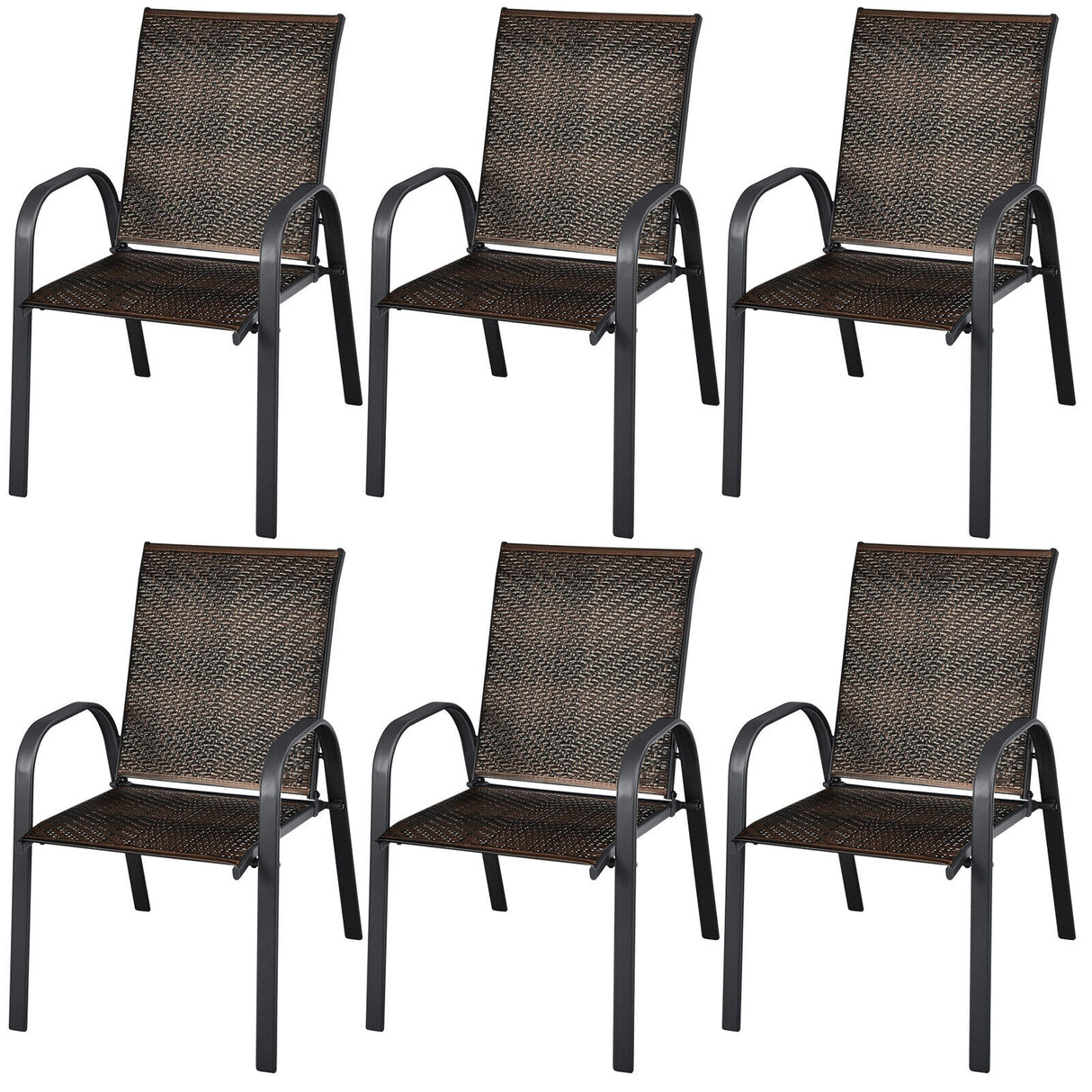 Set of 6 Outdoor PE Wicker Stackable Chairs with Sturdy Steel Frame-Gray
