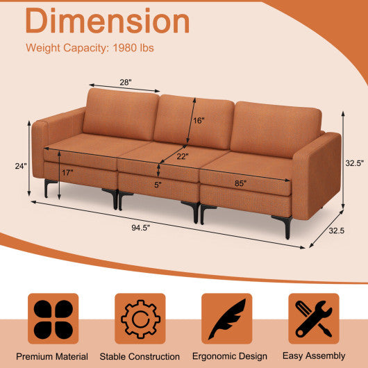 3-Seat Sectional Sofa Couch with Armrest Magazine Pocket and Metal Leg-Orange