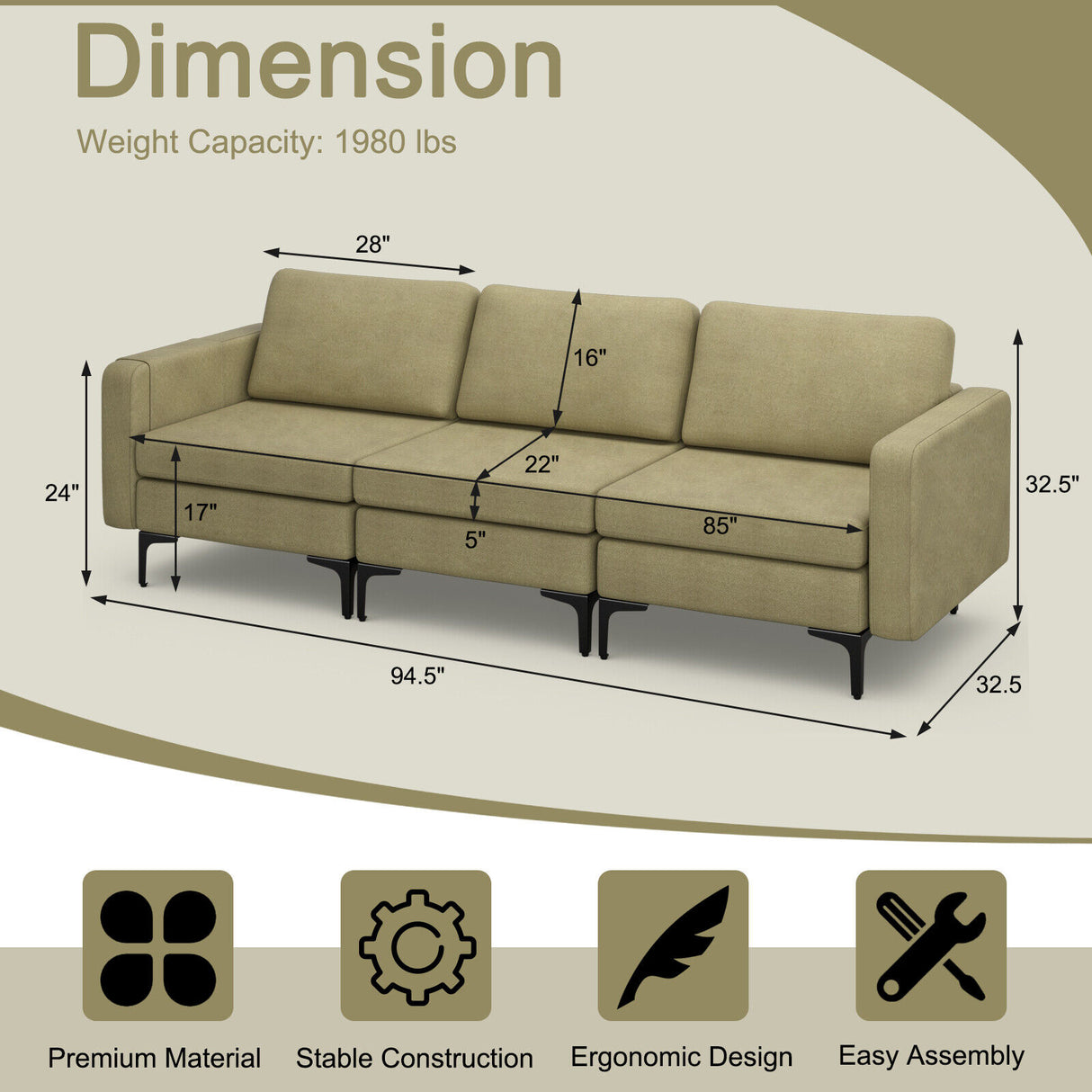 1/2/3/4-Seat Convertible Sectional Sofa with Reversible Ottoman-3-Seat