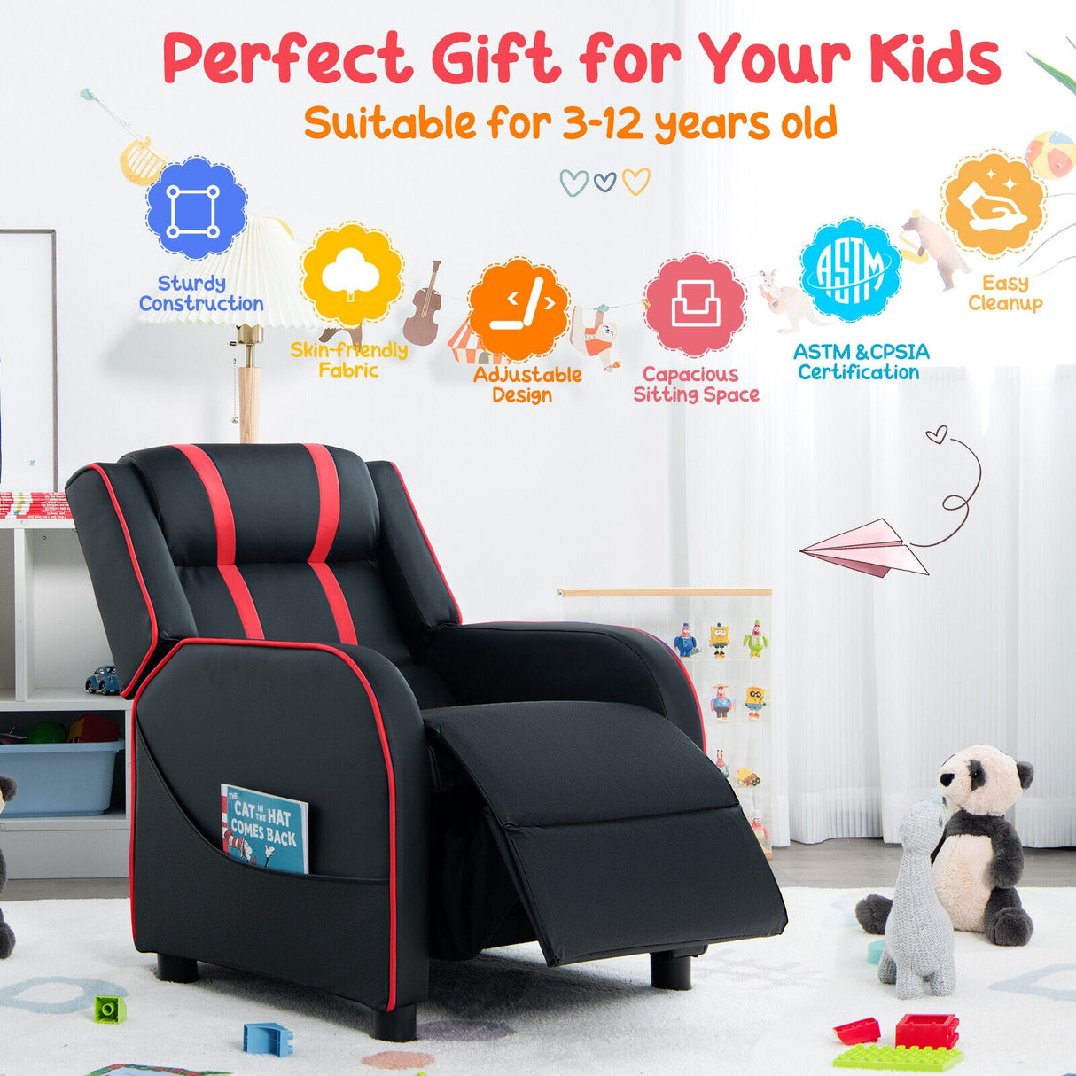 Kids Recliner Chair with Side Pockets and Footrest-Blue