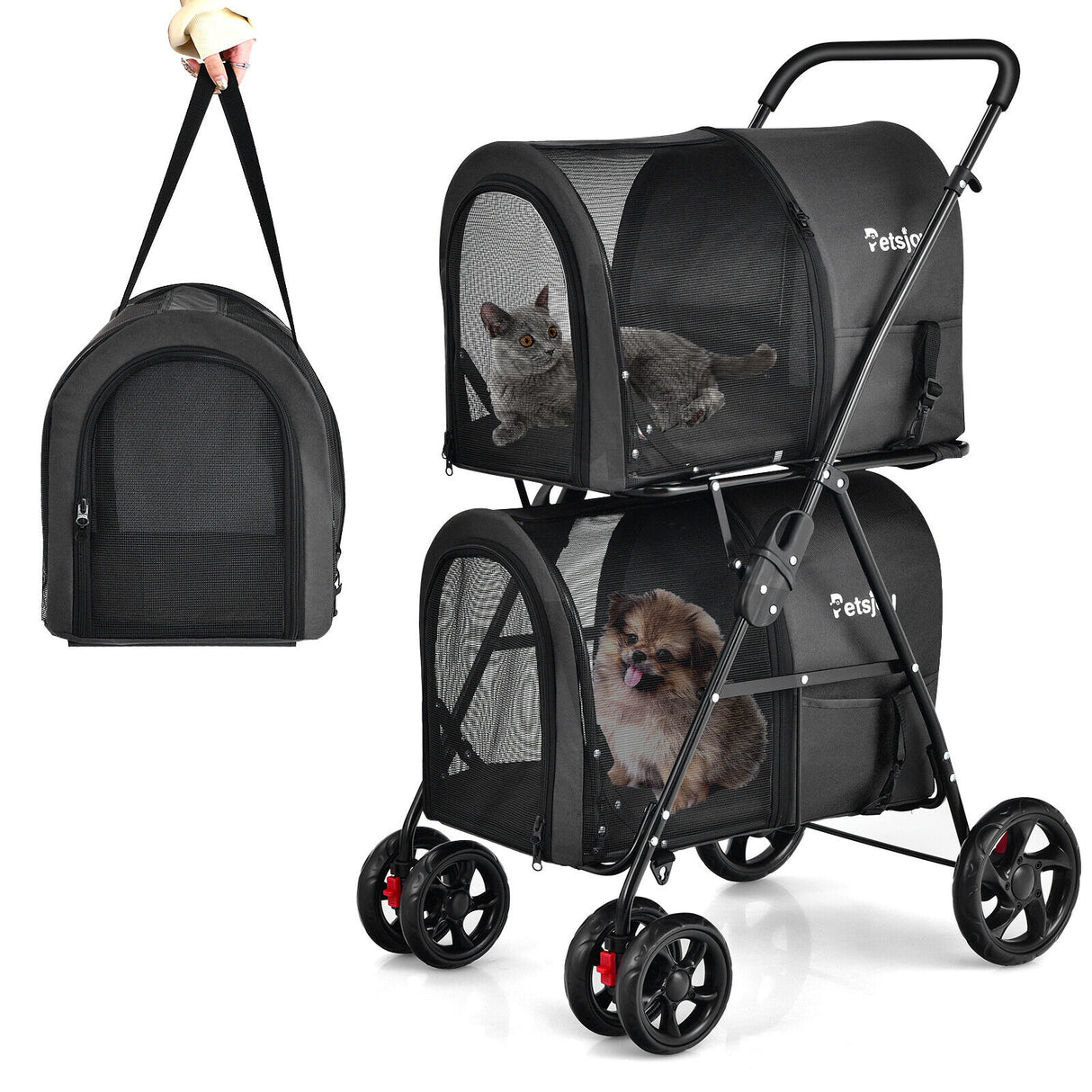 4-in-1 Double Pet Stroller with Detachable Carrier and Travel Carriage-Beige